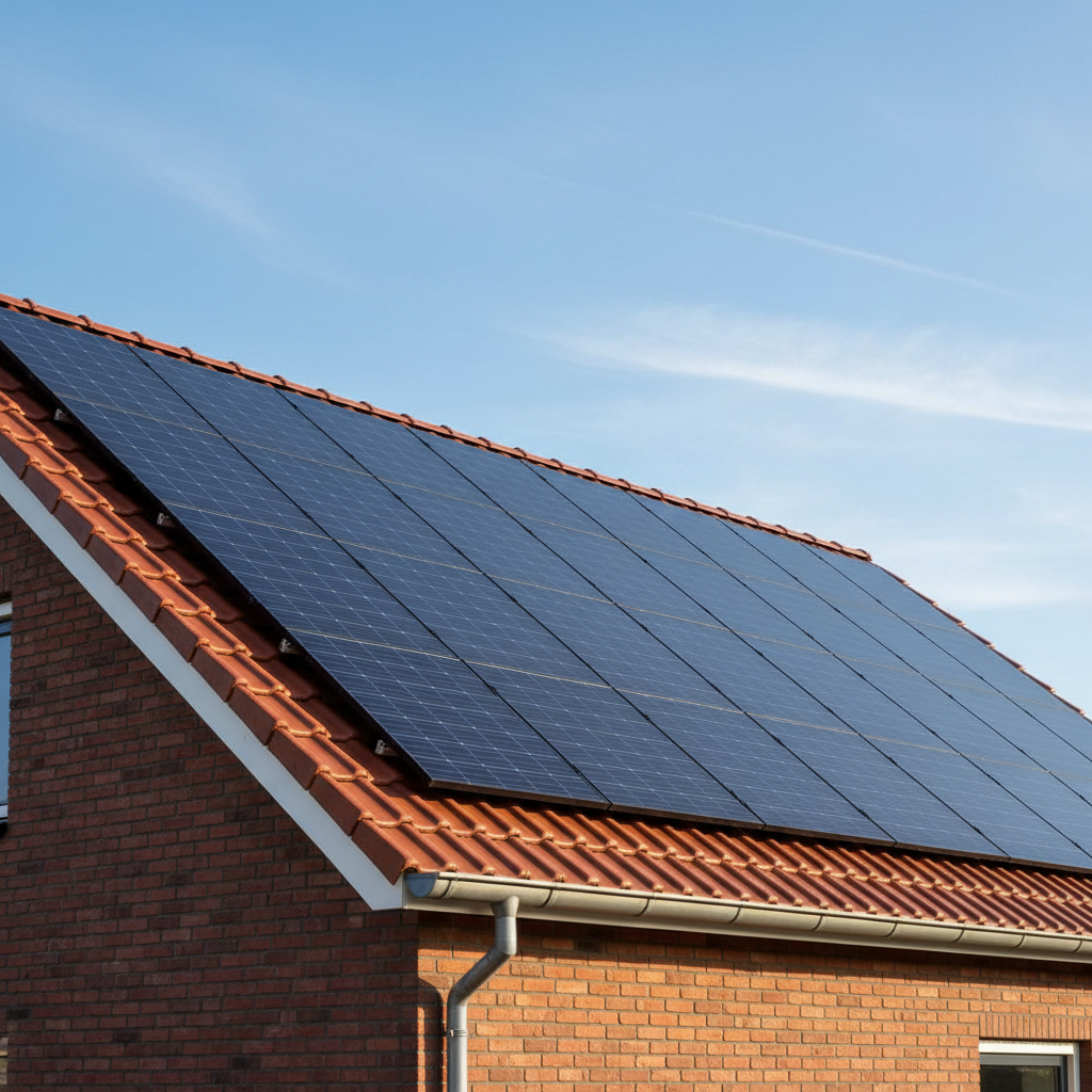 A clean array of modern, dark-blue solar panels with a subtle metallic sheen neatly installed on the gently sloped roof of a contemporary Dutch brick house. The panels align in precise rows, their reflective glass surfaces catching soft afternoon sunlight under a clear blue sky with a few wispy clouds. In the foreground, well-maintained roof tiles and a discreet silver-colored mounting system emphasize quality installation. Shot from a slightly elevated angle in photographic realism, with crisp focus and a calm, professional mood, the composition uses the rule of thirds, allowing part of the roof edge and the sky to frame the installation, conveying reliability and technical excellence.