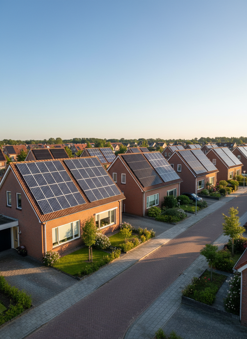 A bright, professional-looking residential street in the Netherlands, with multiple semi-detached brick houses each featuring well-aligned, dark-blue solar panel arrays on their roofs. The panels form clean, geometric patterns contrasting with red and brown roof tiles. The scene is captured in warm late-afternoon sunlight, casting gentle, elongated shadows and creating a welcoming neighborhood atmosphere. Photographic realism from a slightly elevated, wide-angle perspective shows front gardens, paved driveways, and a clear blue sky, but no vehicles or people. The composition follows the rule of thirds, with rooftops dominating the frame and the horizon line high, emphasizing widespread, reliable solar adoption in a calm, future-oriented mood.