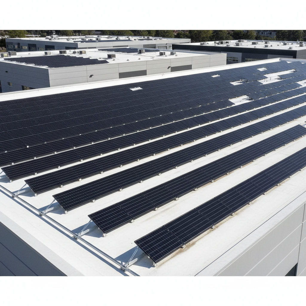 A modern flat-roof commercial building with a large, orderly solar array consisting of dozens of dark, low-profile panels mounted on sleek aluminum frames with slight tilt. The white roof membrane contrasts with the deep blue-black panels, creating a striking geometric pattern. In the distance, a few other commercial rooftops with smaller solar setups appear under a bright, clear sky. Captured in photographic realism from a high, three-quarter aerial perspective, the scene benefits from crisp midday sunlight that produces sharp, clean shadows under each panel row. The atmosphere is efficient, forward-thinking, and businesslike, demonstrating scalable solar solutions for professional clients with an emphasis on precision and durable engineering.