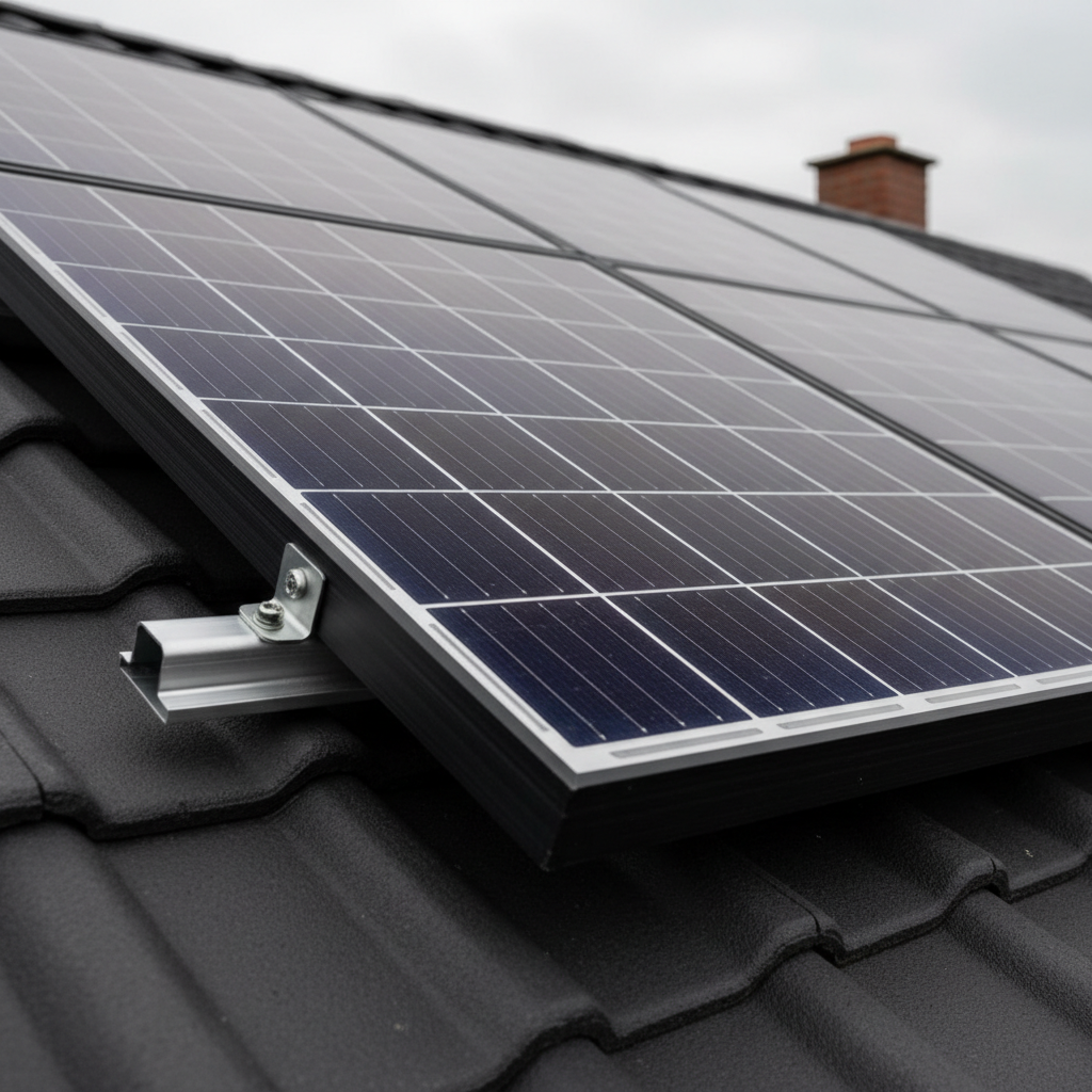 A close-up, highly detailed view of a single high-efficiency solar panel corner, showing the fine grid of dark monocrystalline cells, silver busbars, and a robust matte-black aluminum frame. The panel is mounted on a neat pitched roof with clean anthracite tiles, secured by sturdy, brushed-steel brackets and rails. Soft overcast daylight creates even, diffused lighting without harsh reflections, emphasizing material textures and craftsmanship. Captured at eye level in photographic realism with shallow depth of field, the background gently blurs into hints of additional panels and chimney outlines. The mood is precise, technical, and trustworthy, highlighting the quality of materials and professional installation detail for a solar energy service website.