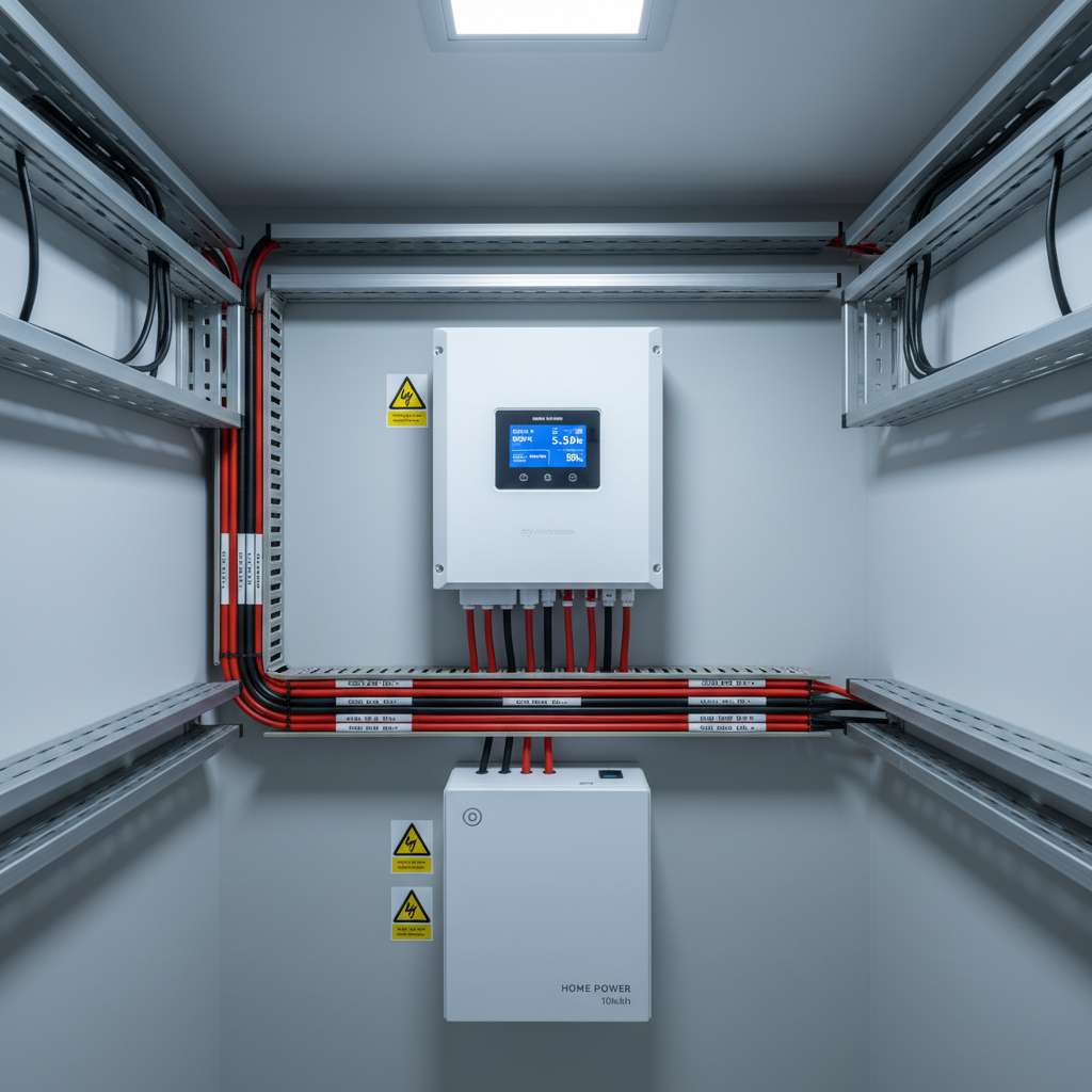 A meticulously organized utility room featuring a wall-mounted white hybrid inverter with a crisp digital display, neatly labeled DC and AC cabling in red and black conduits, and a compact home battery storage unit beneath. All components are aligned on a clean, light-gray painted wall with cable trays and safety stickers visible, conveying adherence to electrical standards. Soft, cool LED ceiling lighting provides even illumination without glare, creating subtle shadows that accent the equipment shapes. Shot in photographic realism at eye level with a slightly wide angle, the composition centers the inverter while leaving negative space around it. The mood is highly professional, reliable, and technically sophisticated, illustrating the back-end of a solar panel installation.